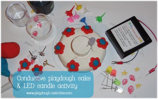 Conductive playdough birthday cake activity with light up LED candles