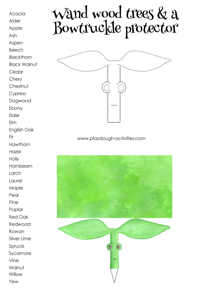 Bowtruckle template and wand wood list of trees