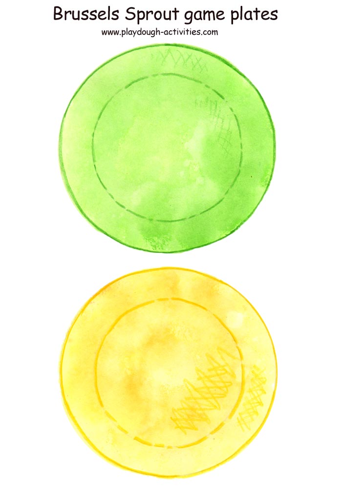 Green and yellow plate templates for playdough Brussels Sprout game