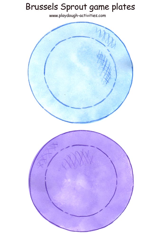 Blue and purple plate templates for playdough Brussels Sprout game
