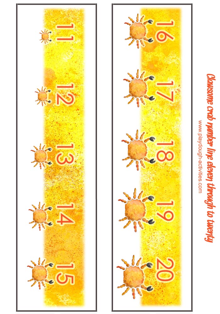 Crab themed preschool number line for 11 to 20