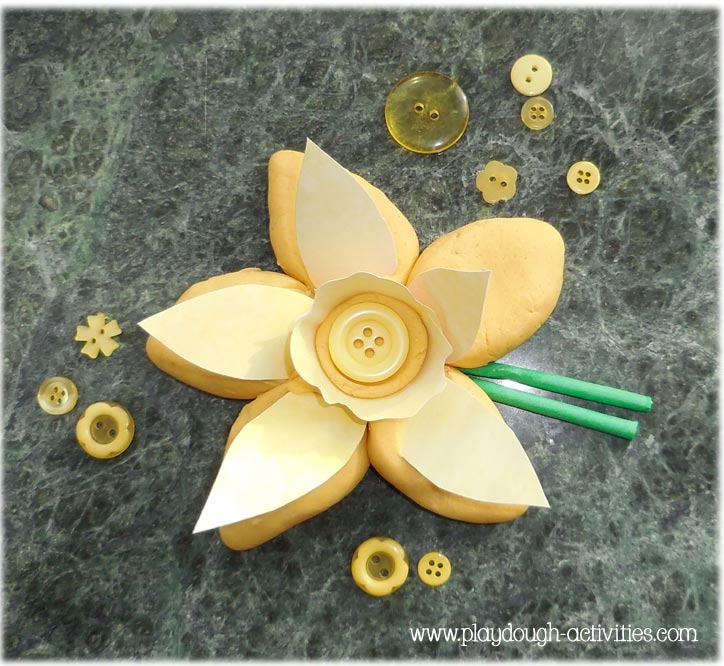 Daffodil playdough collage activities using buttons and straws