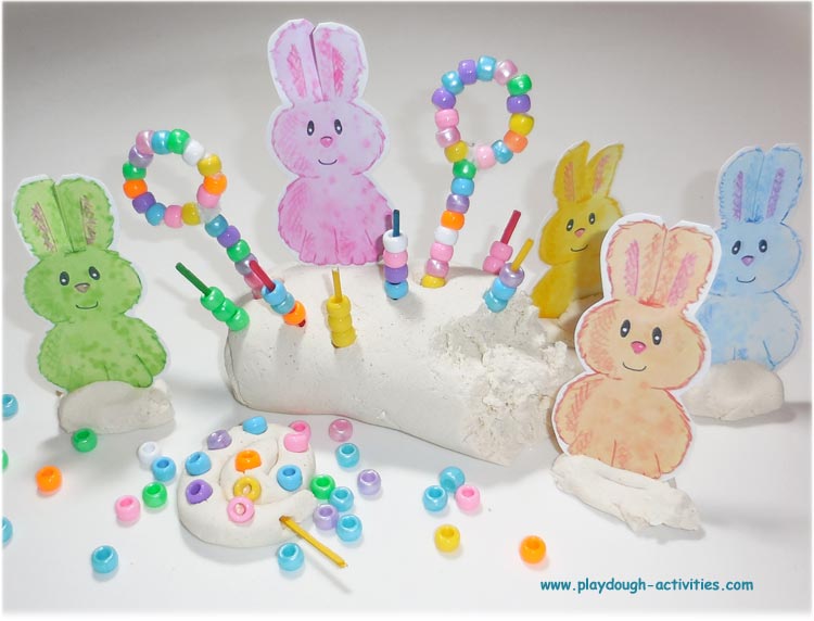 Nudge in beads, poke craft stems and build a playdough world of lollipop bunny rabbits