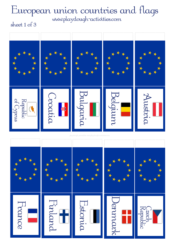 Sheet 1 - EU member state country names and flags - playdough printables