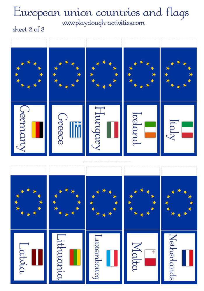 Sheet 2 - EU member state country names and flags - playdough printables
