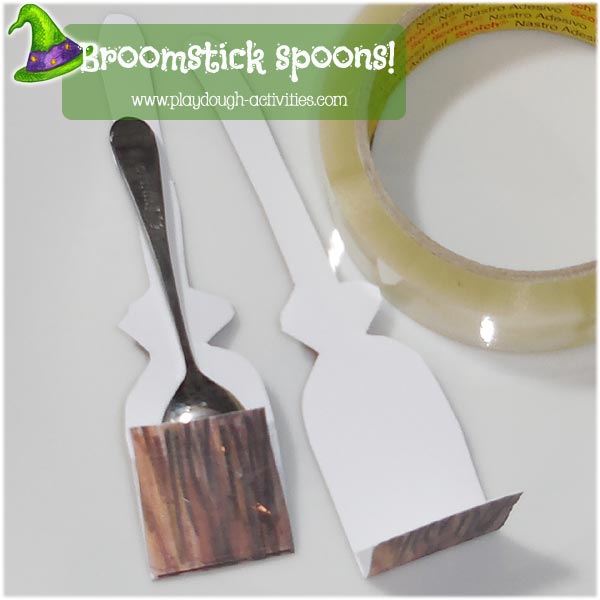 Print, cut and tape broomstick sleeve to hold spoons for the Halloween playdough