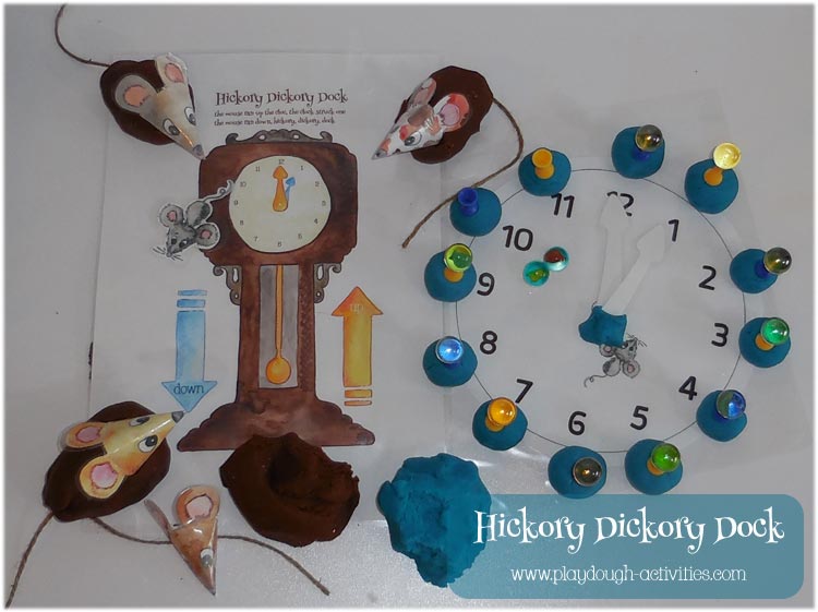 Hickory Dickory Dock playdough activities - preschool rhyme time mice and numbers