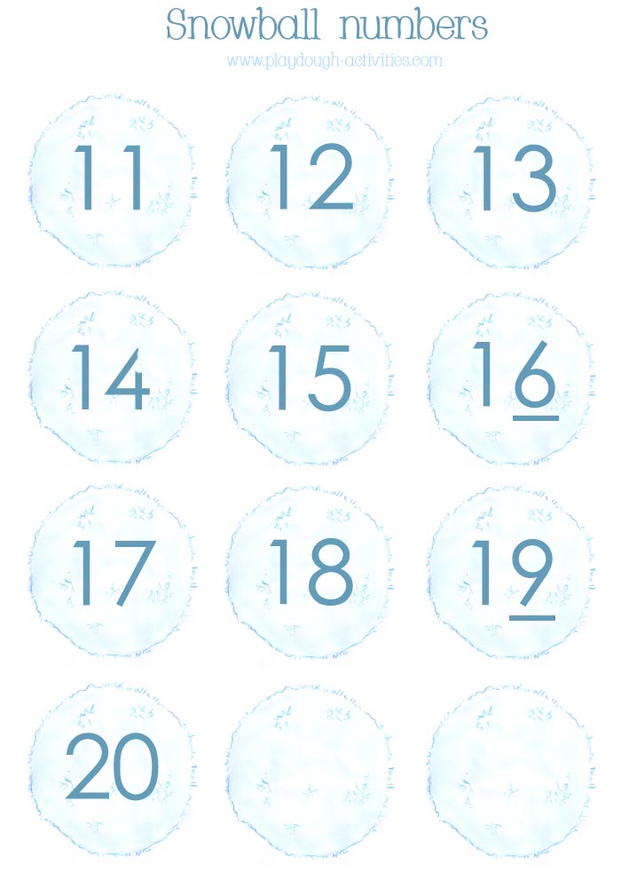 Snowball counters - numbers 11 to 20