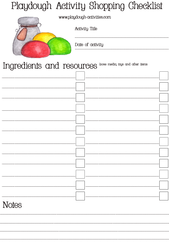 Playdough activity shopping list sheet - checklist for play dough ingredients and toys