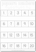 Popcorn counting activity sheet - number grid 0 - 20