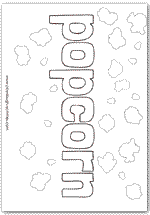 Popcorn word outline text colouring picture and playdough mat