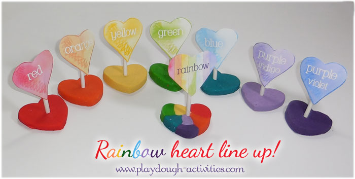 Rainbow hearts made from play dough for Valentine's day colour naming activities