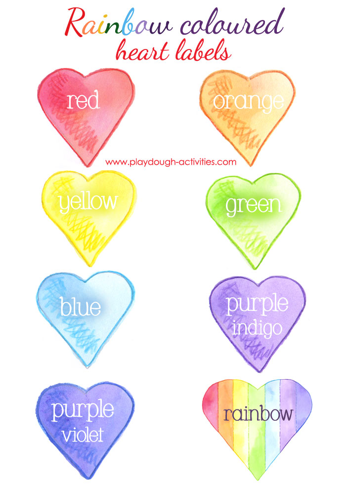 Coloured heart shaped colour names for labelling rainbow playdough