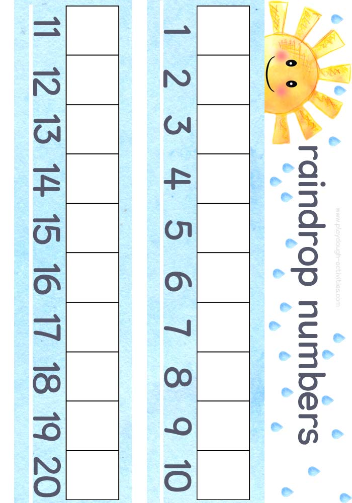 Raindrop number line counting playdough mat printable for preschool and nursery activities