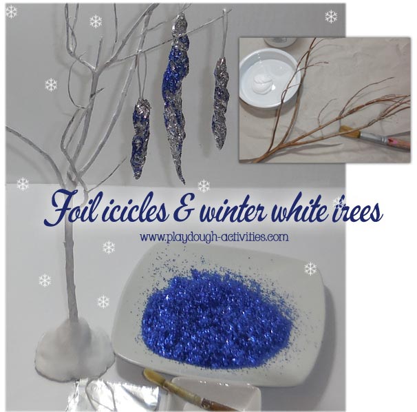 Winter craft activity - branch painting and foil icicle sculpting