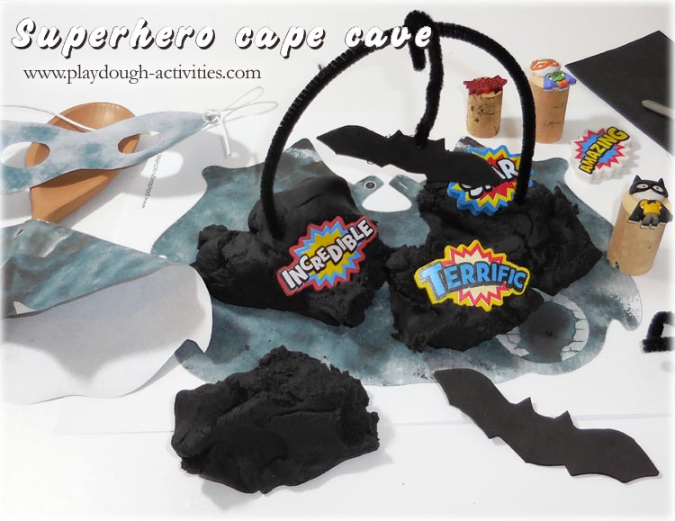 Black playdough superhero cape cave - activity idea