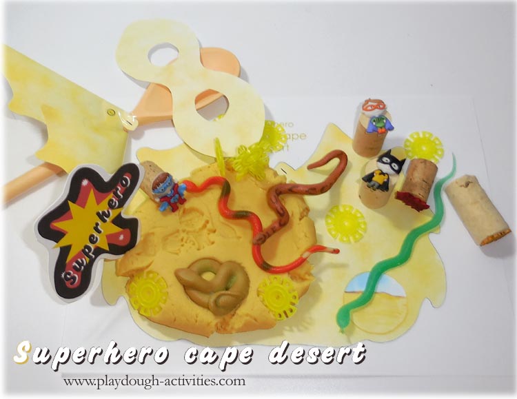 Superhero playdough activity idea - yellow cape desert