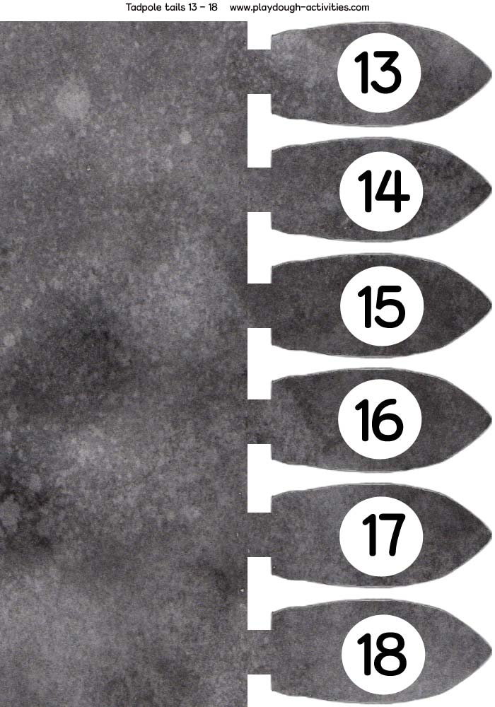 Tadpole tails numbered playdough inserts 13 to 18