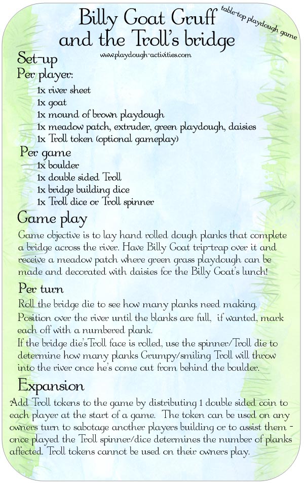 The Billy Goats Gruff and Grumpy Troll playdough bridge building game - gameplay rules sheet