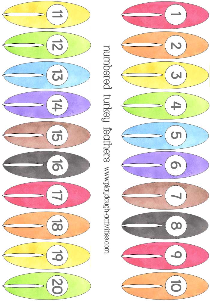 Coloured and number turkey feather templates to use with playdough
