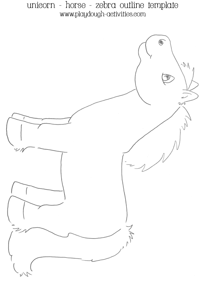 Left side of unicorn, horse and zebra outline drawing for playdough activities
