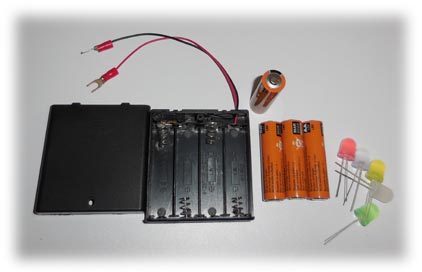 Battery pack - 4 AA + terminals and LED diodes