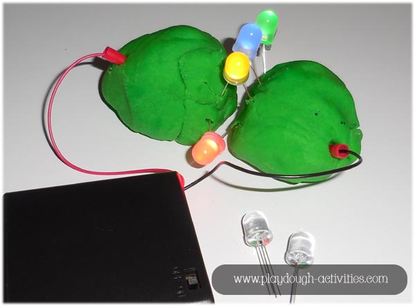 Making an electrical circuit light up using LEDs a battery pack, connectors and laydough