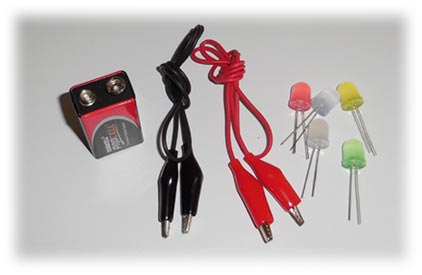 9V battery + crocodile cips and 10mm LED diodes