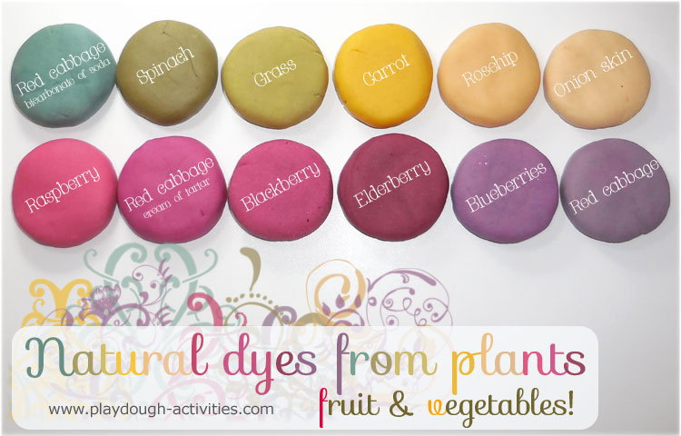 A collection of natural playdough dyes made from plants, fruits and vegetables
