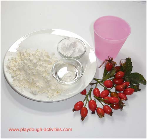 Ingredients to make rosehip dye and playdough